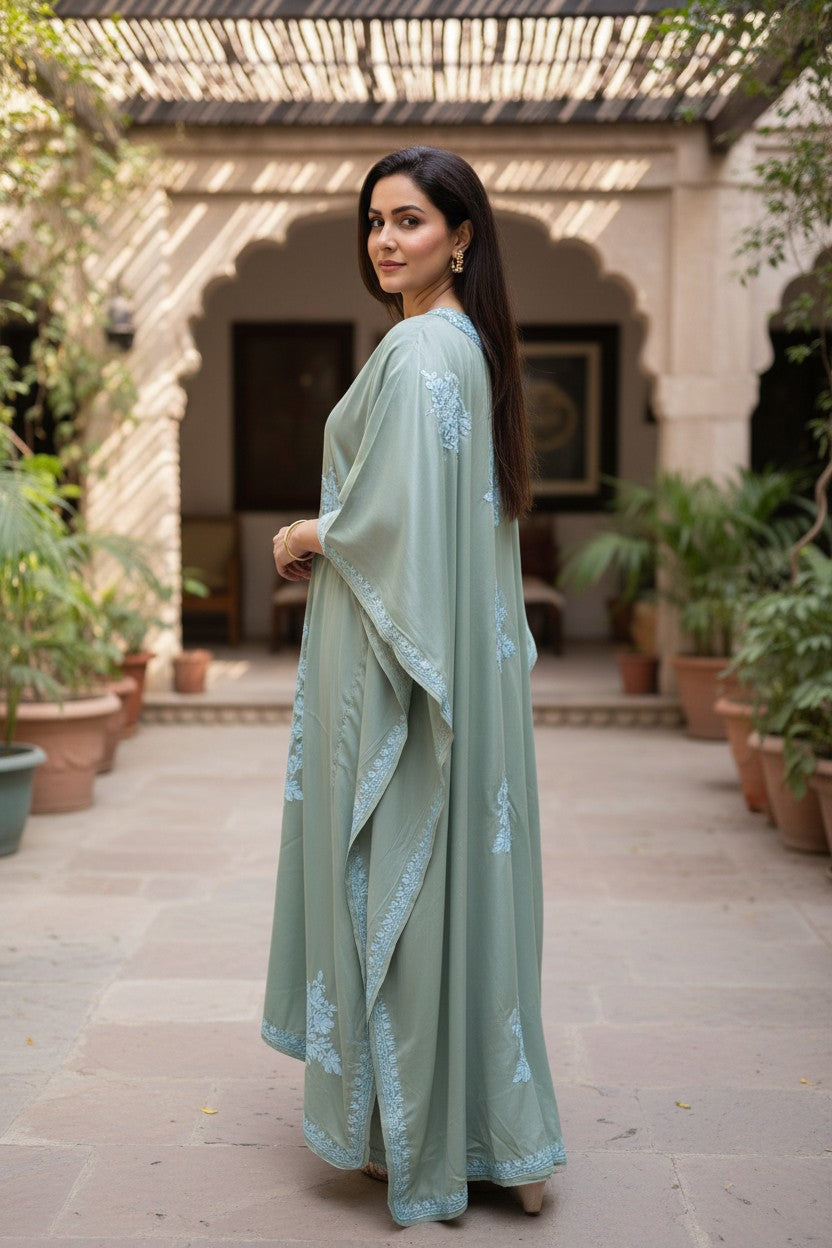 Kashmiri Kaftan For Women Nightgown Maxi Crepe Kaftan with Aari Embroidery Free Size- Sea Green