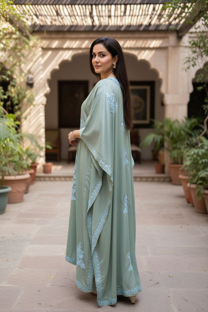 Kashmiri Kaftan For Women Nightgown Maxi Crepe Kaftan with Aari Embroidery Free Size- Sea Green