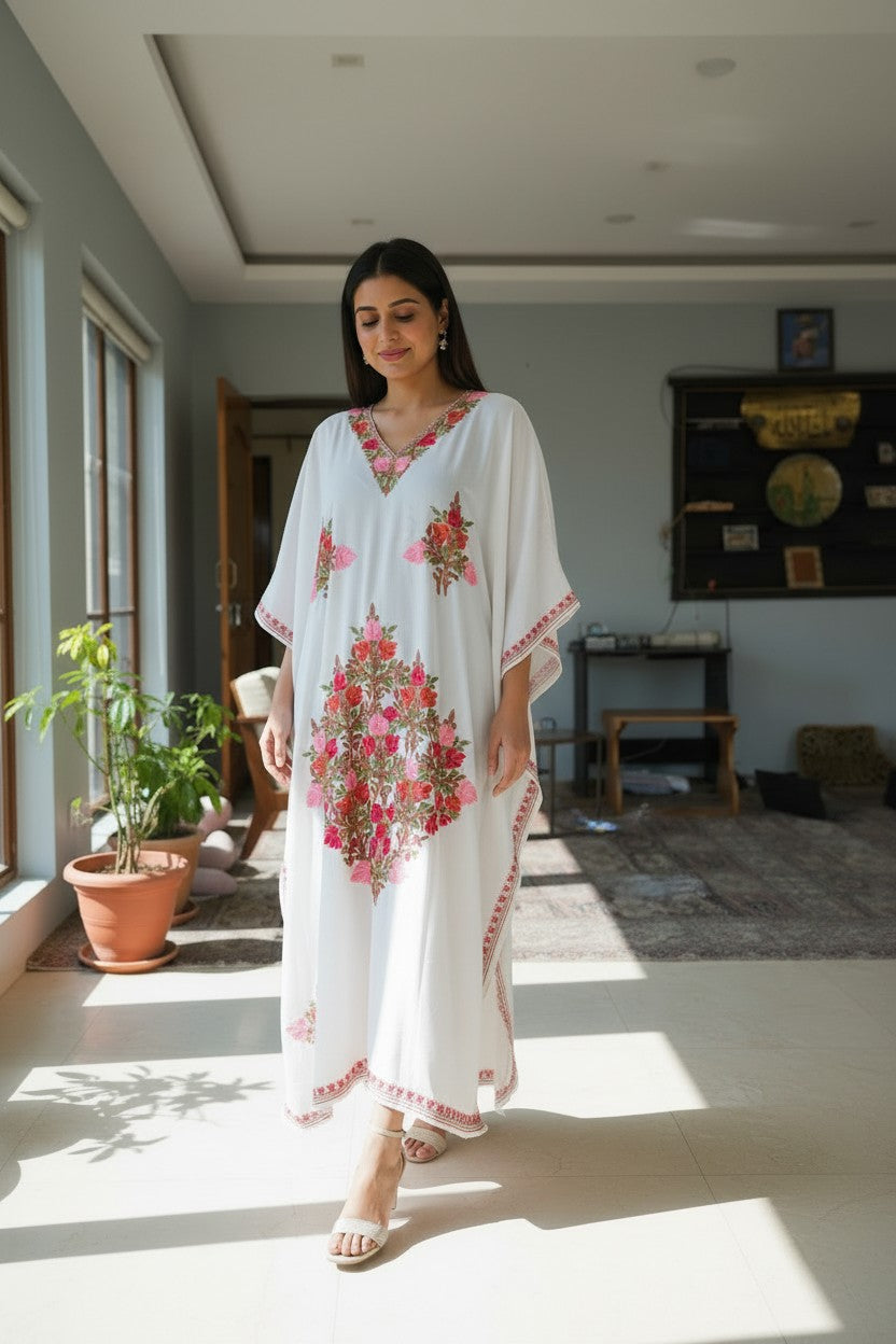 Kashmiri Kaftan For Women Nightgown Maxi Crepe Kaftan with Aari Embroidery Free Size- White2