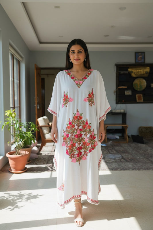 Kashmiri Kaftan For Women Nightgown Maxi Crepe Kaftan with Aari Embroidery Free Size- White2