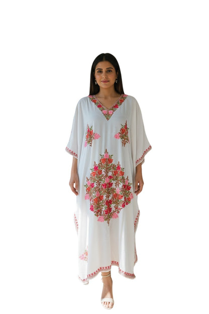 Kashmiri Kaftan For Women Nightgown Maxi Crepe Kaftan with Aari Embroidery Free Size- White2