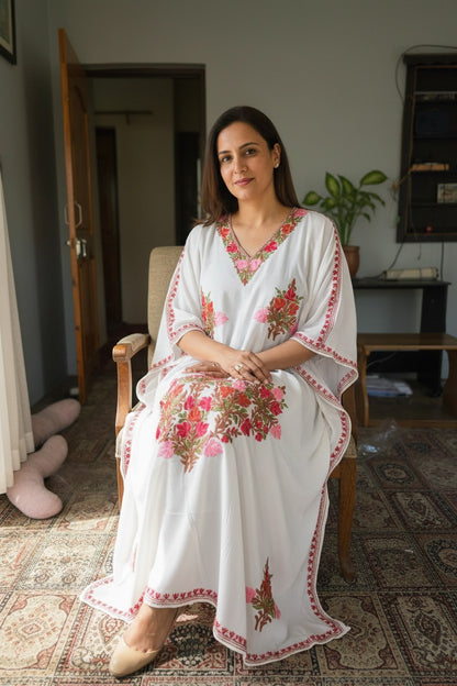 Kashmiri Kaftan For Women Nightgown Maxi Crepe Kaftan with Aari Embroidery Free Size- White2