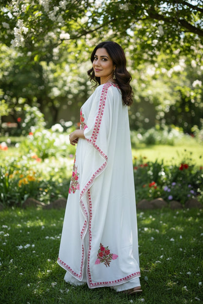 Kashmiri Kaftan For Women Nightgown Maxi Crepe Kaftan with Aari Embroidery Free Size- White2