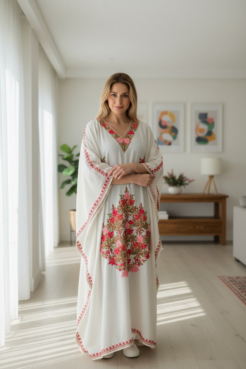 Kashmiri Kaftan For Women Nightgown Maxi Crepe Kaftan with Aari Embroidery Free Size- White2
