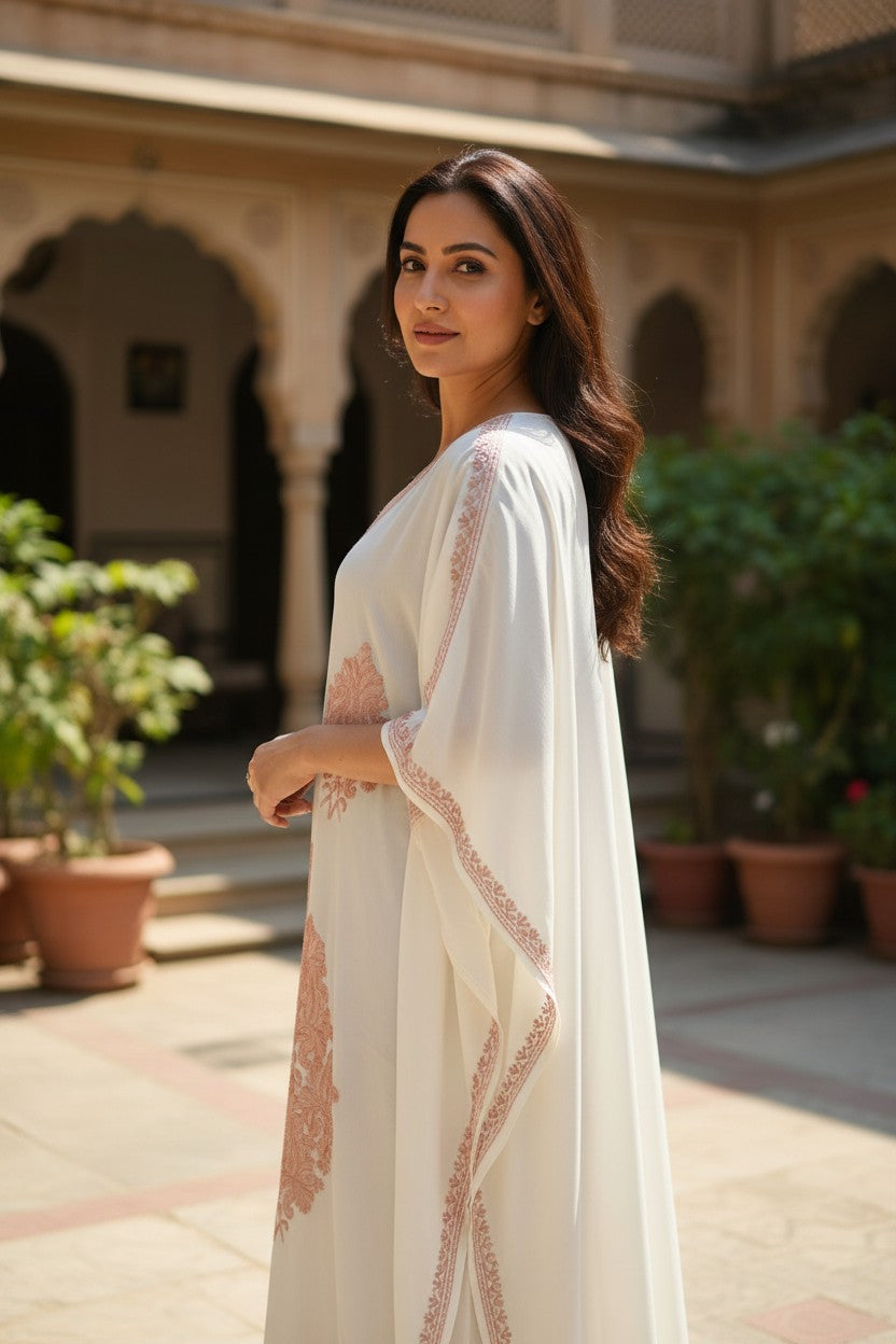 Kashmiri Kaftan For Women Nightgown Crepe Kaftan with Aari Embroidery Free Size- White