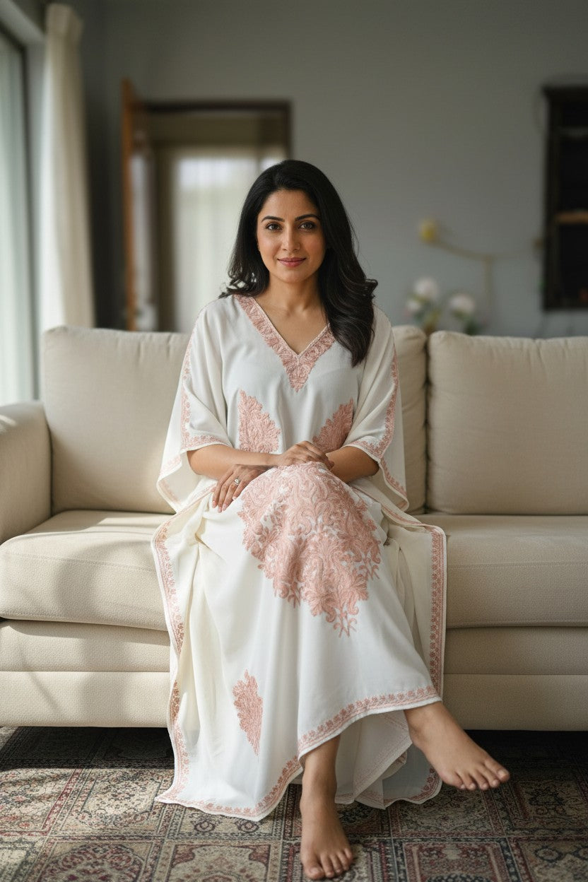 Kashmiri Kaftan For Women Nightgown Crepe Kaftan with Aari Embroidery Free Size- White