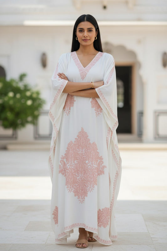 Kashmiri Kaftan For Women Nightgown Crepe Kaftan with Aari Embroidery Free Size- White