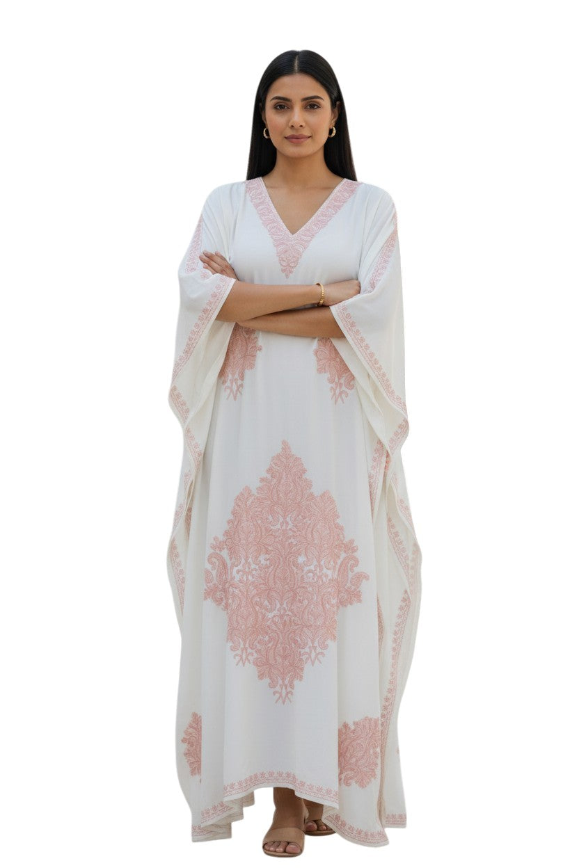Kashmiri Kaftan For Women Nightgown Crepe Kaftan with Aari Embroidery Free Size- White