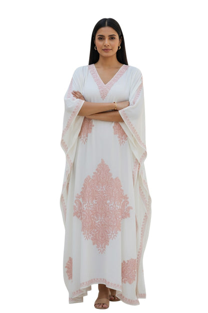 Kashmiri Kaftan For Women Nightgown Crepe Kaftan with Aari Embroidery Free Size- White