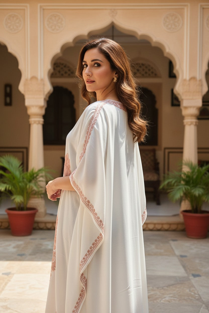 Kashmiri Kaftan For Women Nightgown Crepe Kaftan with Aari Embroidery Free Size- White