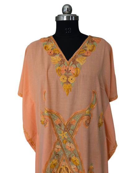 Kashmiri Cotton Kaftan for Women with Aari Embroidery - Light Beige