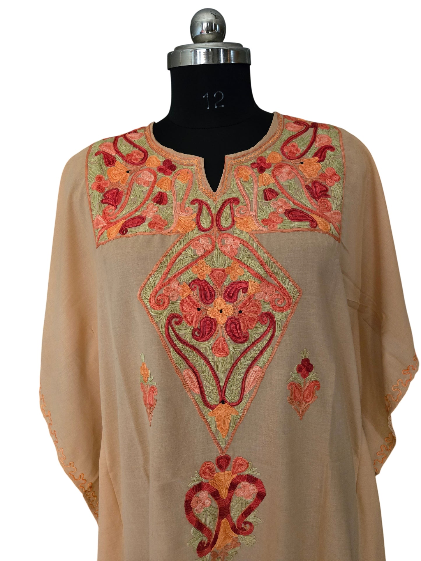 Kashmiri Cotton Kaftan for Women with Aari Embroidery - Beige2
