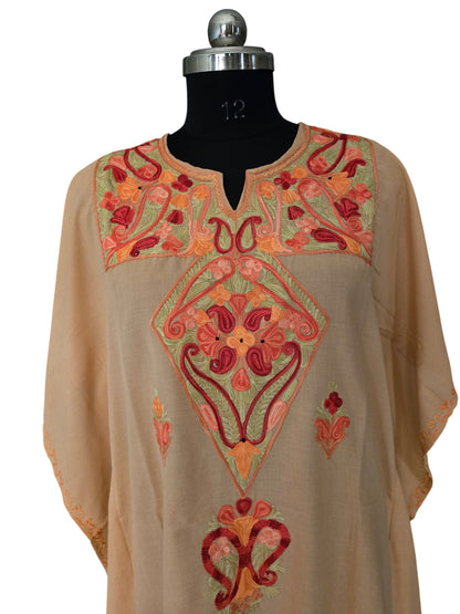 Kashmiri Cotton Kaftan for Women with Aari Embroidery - Beige2