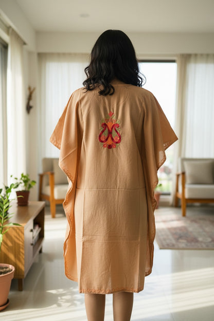 Kashmiri Cotton Kaftan for Women with Aari Embroidery - Beige2