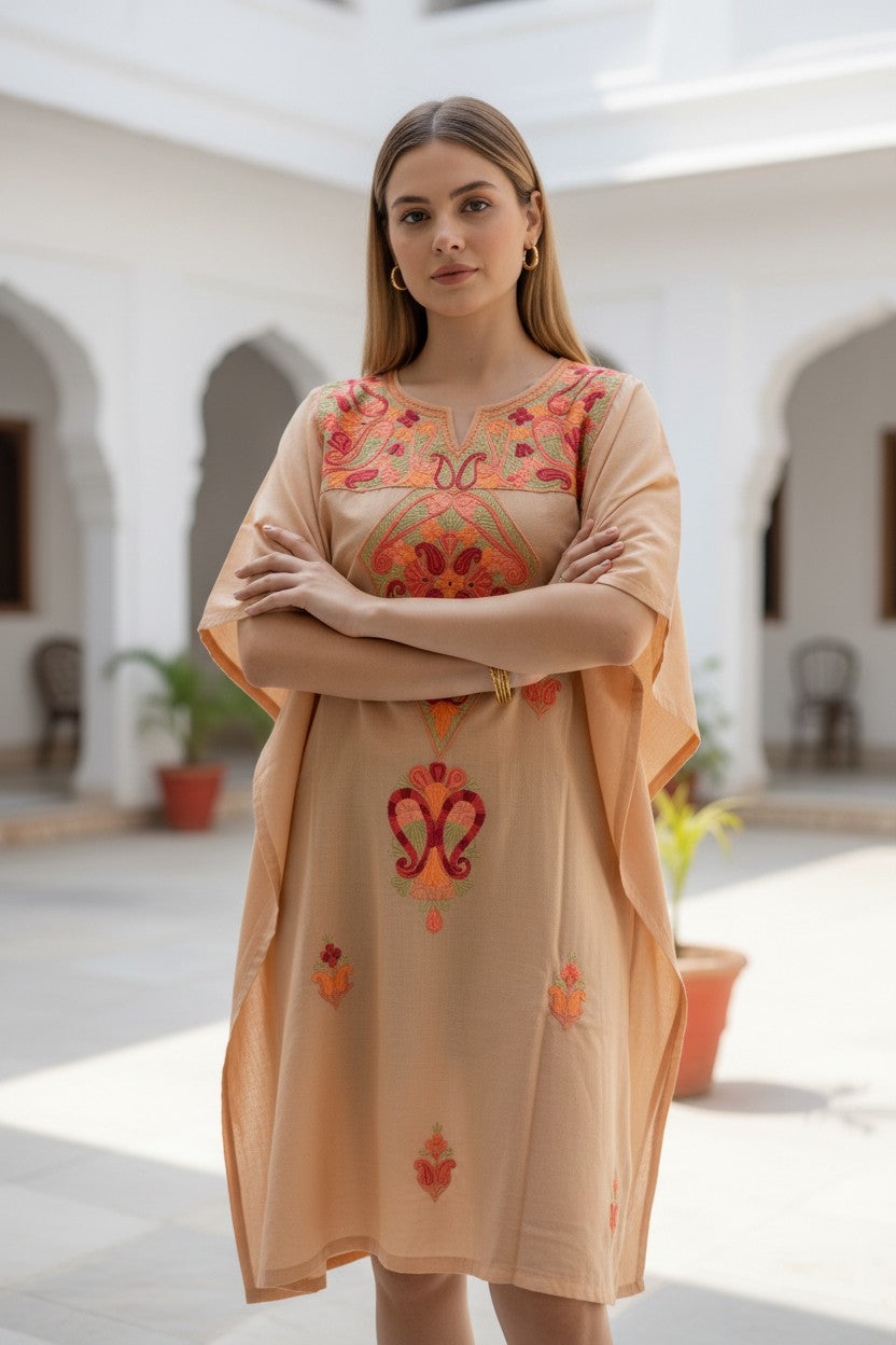 Kashmiri Cotton Kaftan for Women with Aari Embroidery - Beige2