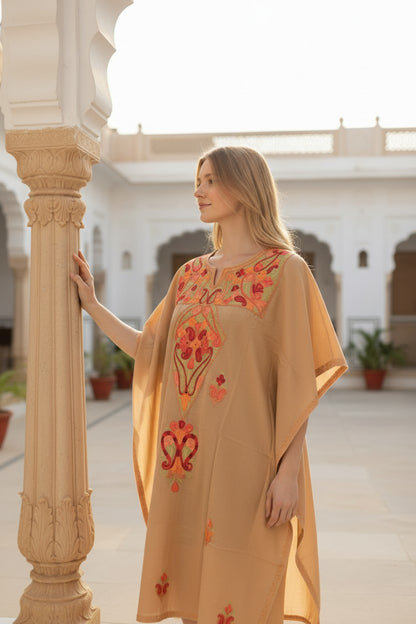 Kashmiri Cotton Kaftan for Women with Aari Embroidery - Beige2
