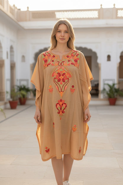 Kashmiri Cotton Kaftan for Women with Aari Embroidery - Beige2