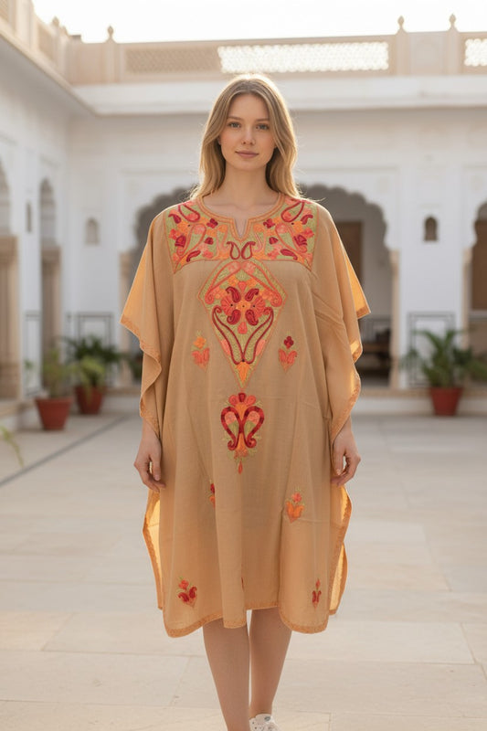 Kashmiri Cotton Kaftan for Women with Aari Embroidery - Beige2