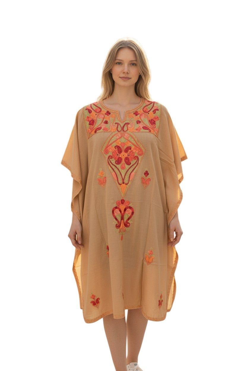 Kashmiri Cotton Kaftan for Women with Aari Embroidery - Beige2