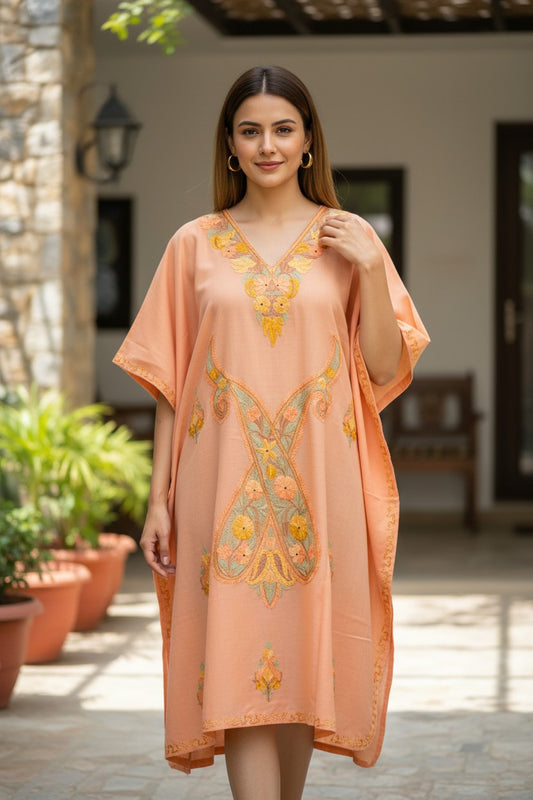 Kashmiri Cotton Kaftan for Women with Aari Embroidery - Light Beige