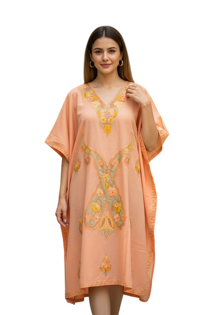 Kashmiri Cotton Kaftan for Women with Aari Embroidery - Light Beige