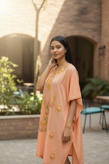 Kashmiri Cotton Kaftan for Women with Aari Embroidery - Light Beige