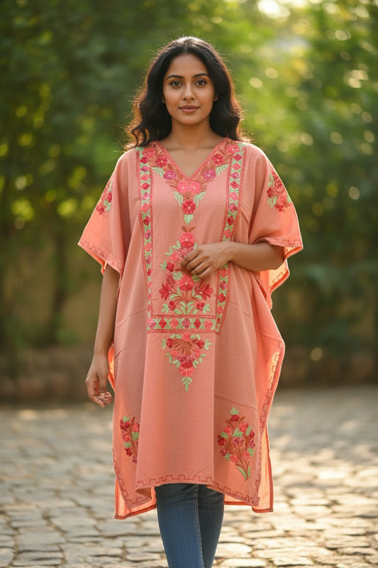 Kashmiri Cotton Kaftan for Women with Aari Embroidery - Light Orange