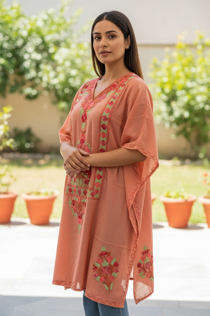 Kashmiri Cotton Kaftan for Women with Aari Embroidery - Light Orange