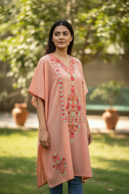 Kashmiri Cotton Kaftan for Women with Aari Embroidery - Light Orange