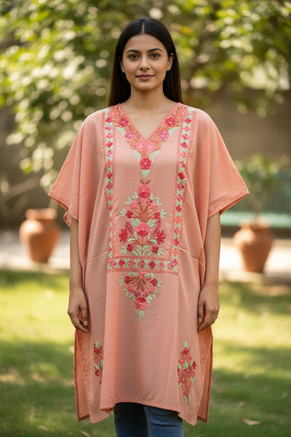 Kashmiri Cotton Kaftan for Women with Aari Embroidery - Light Orange
