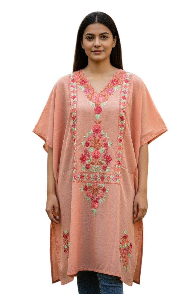 Kashmiri Cotton Kaftan for Women with Aari Embroidery - Light Orange