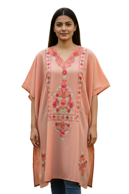 Kashmiri Cotton Kaftan for Women with Aari Embroidery - Light Orange