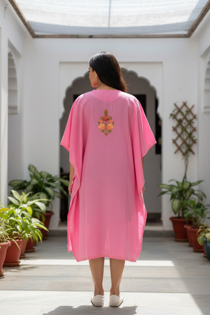 Kashmiri Cotton Kaftan for Women with Aari Embroidery - Pink2