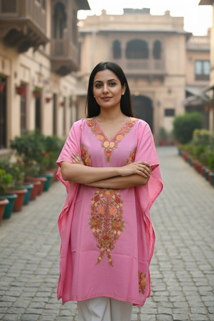 Kashmiri Cotton Kaftan for Women with Aari Embroidery - Pink2