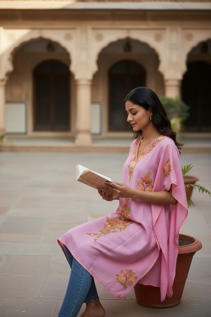 Kashmiri Cotton Kaftan for Women with Aari Embroidery - Pink2