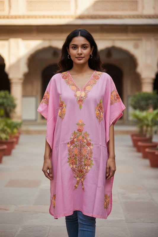 Kashmiri Cotton Kaftan for Women with Aari Embroidery - Pink2
