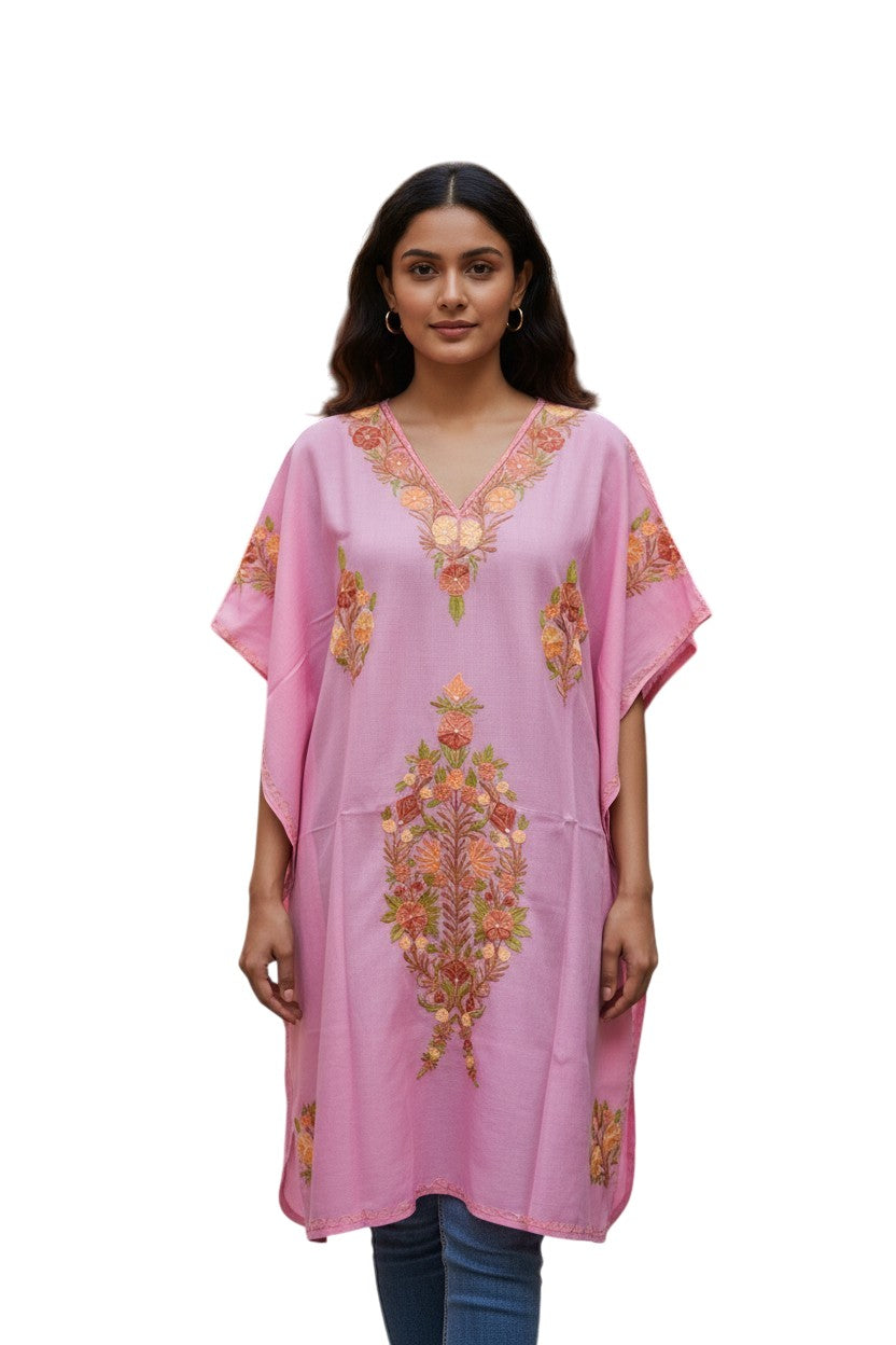 Kashmiri Cotton Kaftan for Women with Aari Embroidery - Pink2