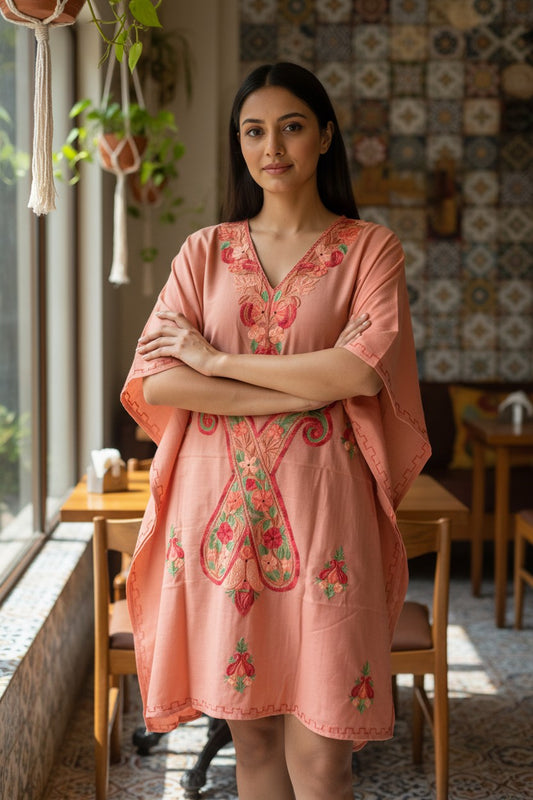 Kashmiri Cotton Kaftan for Women with Aari Embroidery - Light Pink