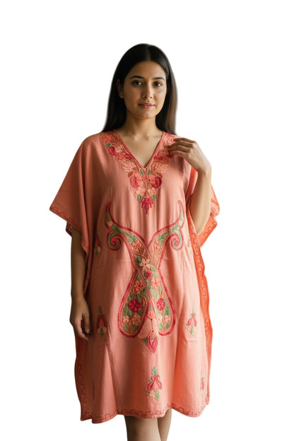 Kashmiri Cotton Kaftan for Women with Aari Embroidery - Light Pink