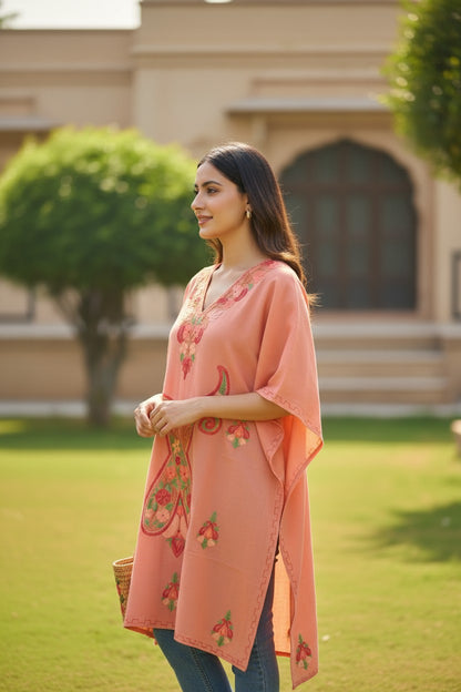 Kashmiri Cotton Kaftan for Women with Aari Embroidery - Light Pink