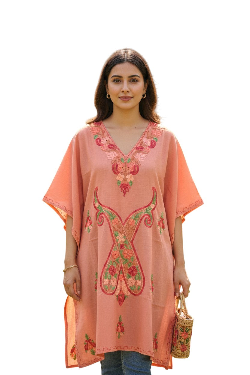 Kashmiri Cotton Kaftan for Women with Aari Embroidery - Light Pink