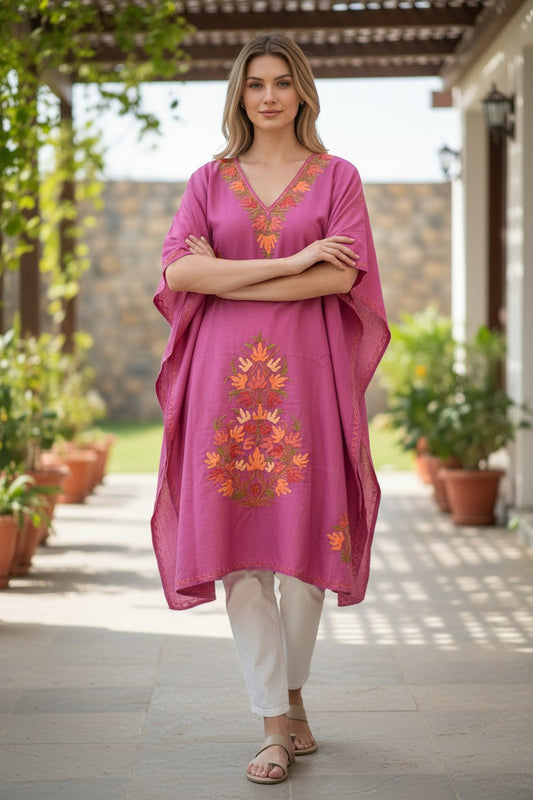 Kashmiri Cotton Kaftan for Women with Aari Embroidery - Purple2