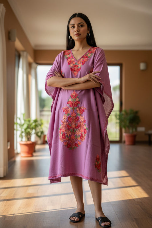 Kashmiri Cotton Kaftan for Women with Aari Embroidery - Purple