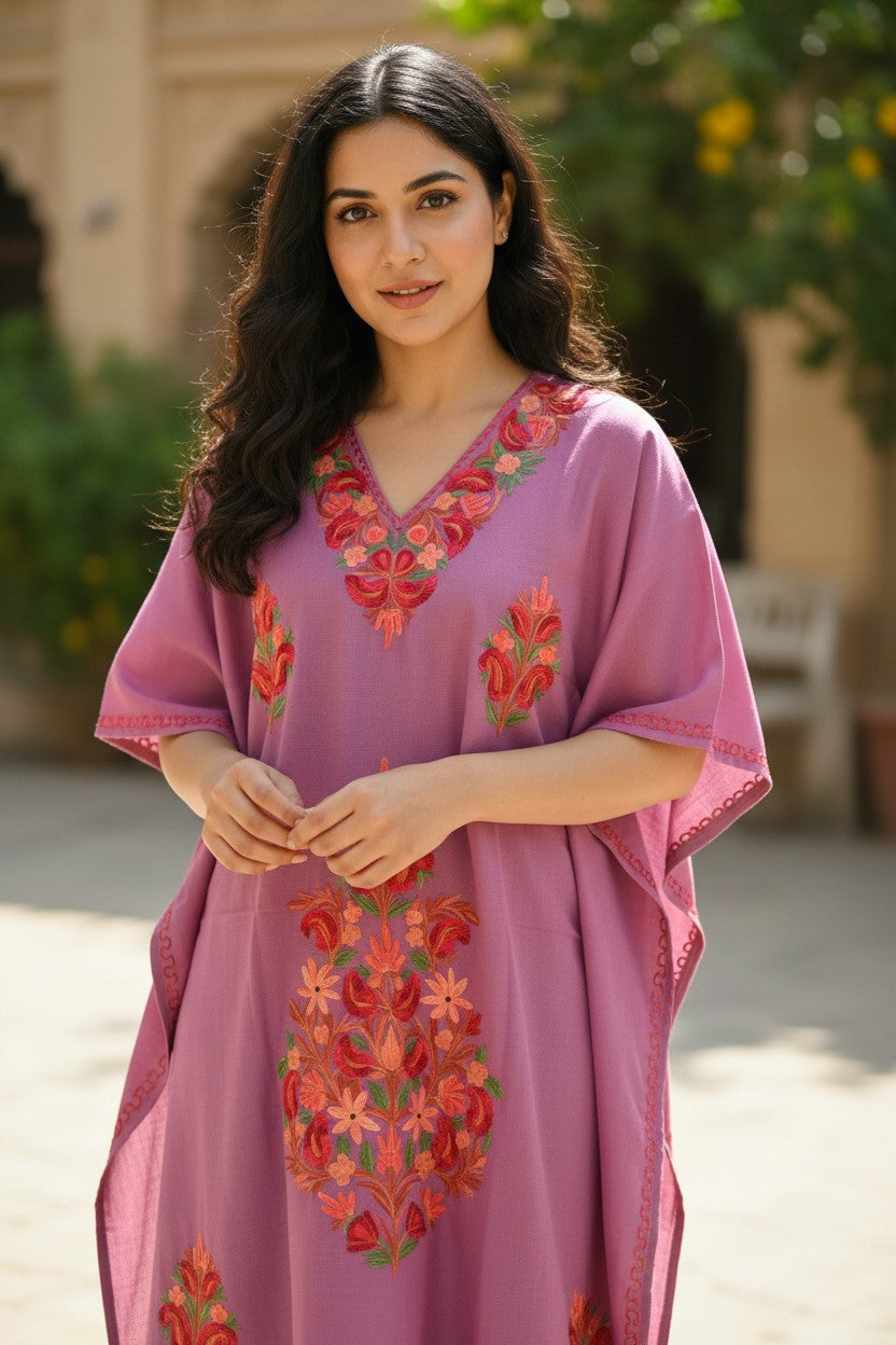 Kashmiri Cotton Kaftan for Women with Aari Embroidery - Purple