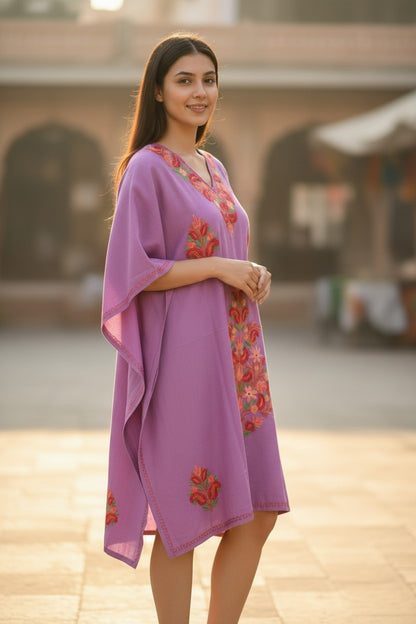 Kashmiri Cotton Kaftan for Women with Aari Embroidery - Purple