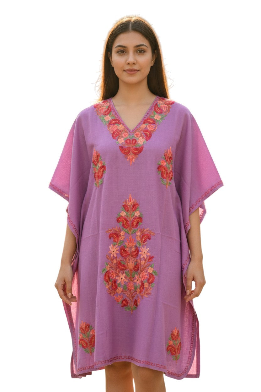 Kashmiri Cotton Kaftan for Women with Aari Embroidery - Purple