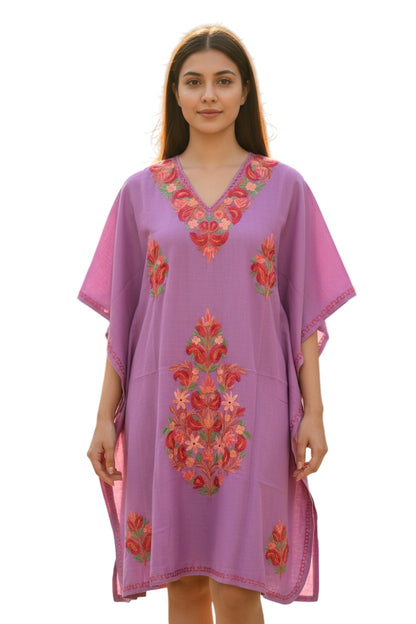 Kashmiri Cotton Kaftan for Women with Aari Embroidery - Purple