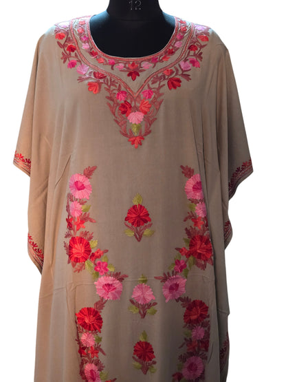 Kashmiri Cotton Kaftan For Women with Aari Embroidery | Rayon Cotton Hand Embroidered Kaftan Dress  - Beige