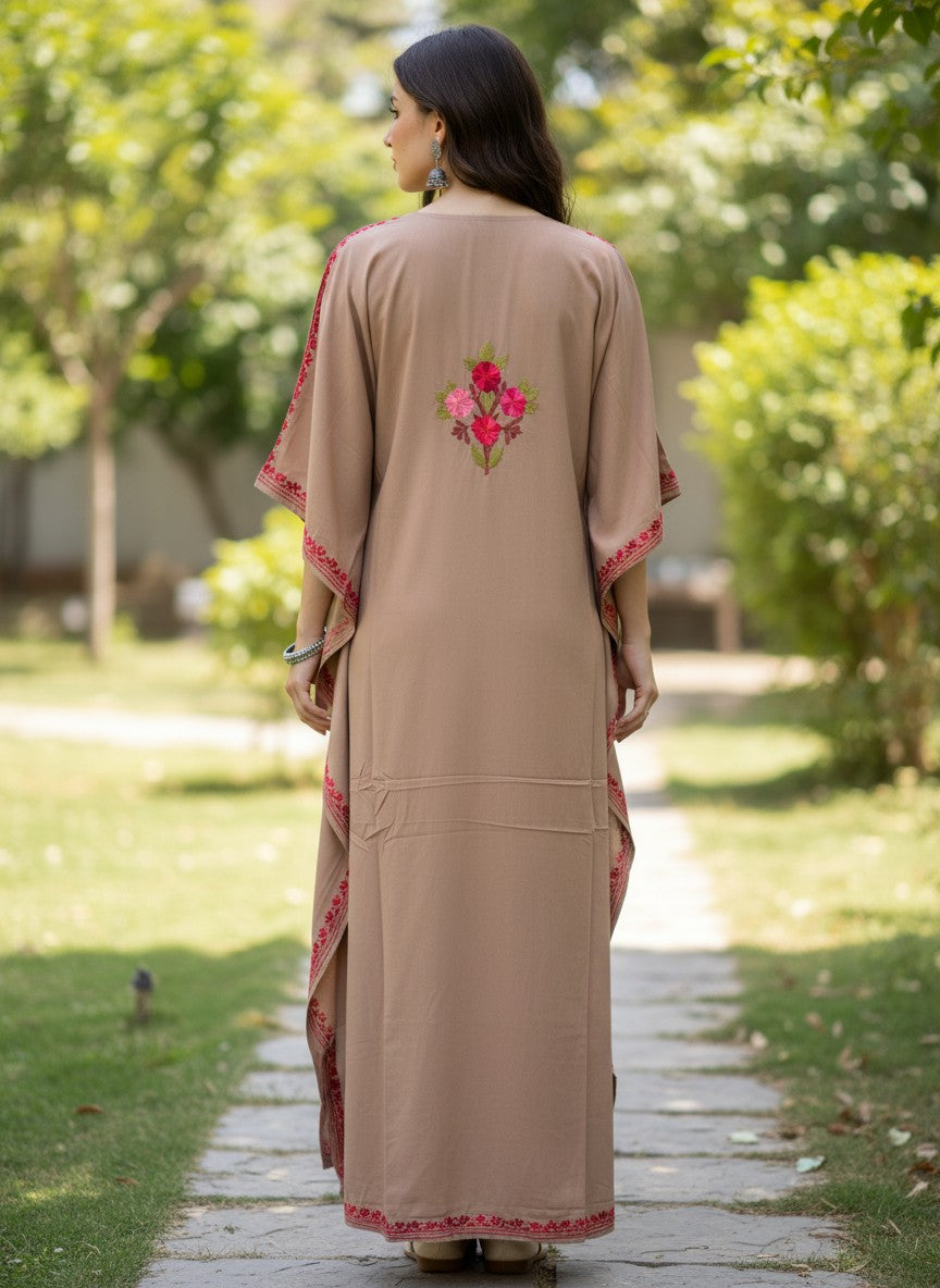 Kashmiri Cotton Kaftan For Women with Aari Embroidery | Rayon Cotton Hand Embroidered Kaftan Dress  - Beige