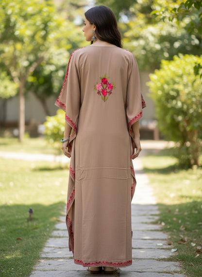 Kashmiri Cotton Kaftan For Women with Aari Embroidery | Rayon Cotton Hand Embroidered Kaftan Dress  - Beige